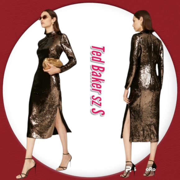 Ted Baker Gold Dress Mettalic Sequin Fitted Midi Dress NWT sz 6 - Picture 3 of 16